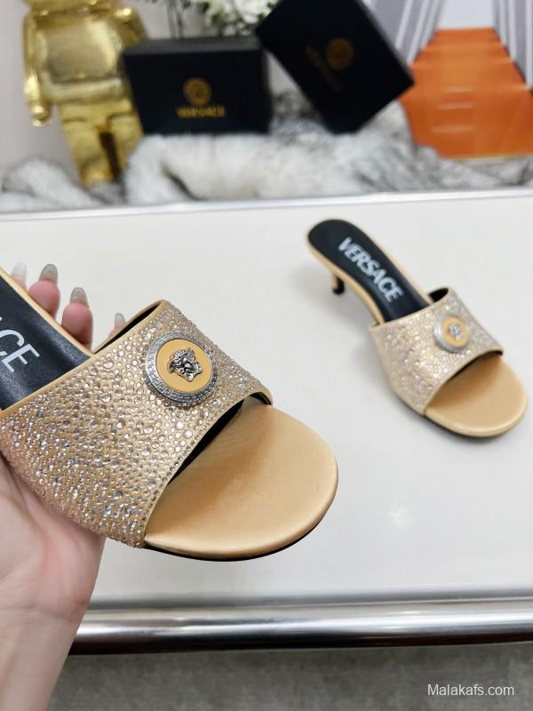2025 Women VERSACE Gold Silk Rhinestone Heeled Sandals