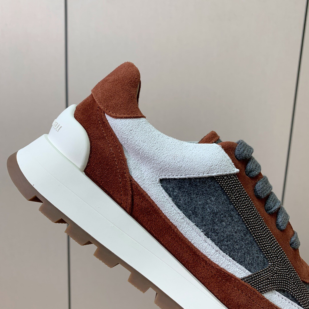 2025 Unisex Brunello Cucinelli Grey Brown White Suede Fabric Sneakers LY