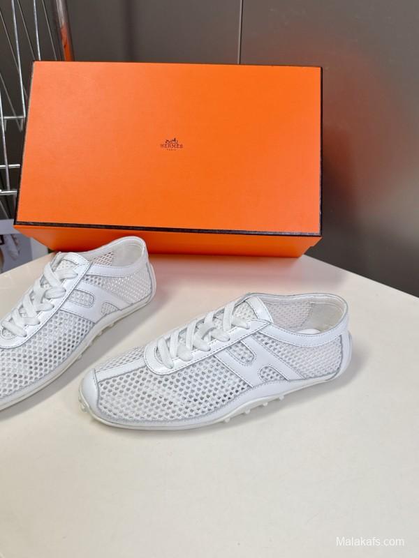 2025 Women Hermès White Leather Mesh Sneakers KFY00250