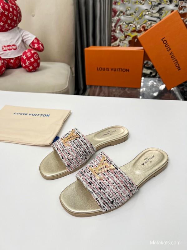 2025 Women Louis Vuitton Pink White Gold Fabric Leather Slippers