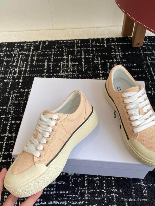 2025 Women Celine Beige Canvas Leather Platform Sneakers