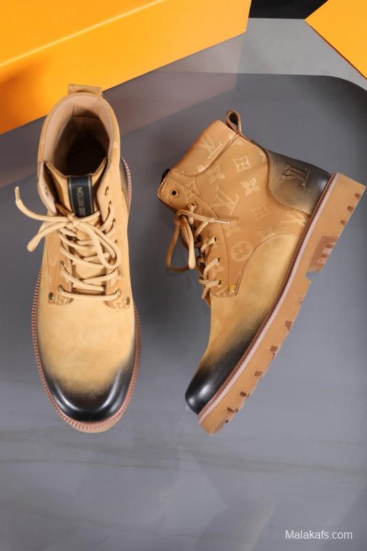 2024 Men Louis Vuitton Beige Black Leather Canvas Boots MJ00470