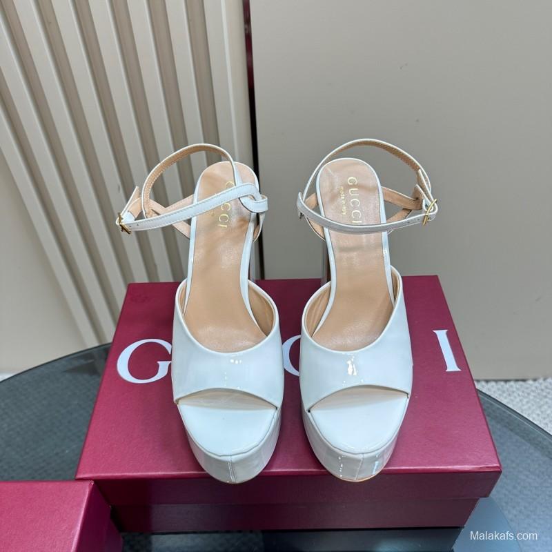 2025 Women Gucci White Leather Platform Sandals
