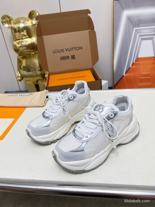2025 Women Louis Vuitton White Grey Mesh Leather Sneakers LY00340