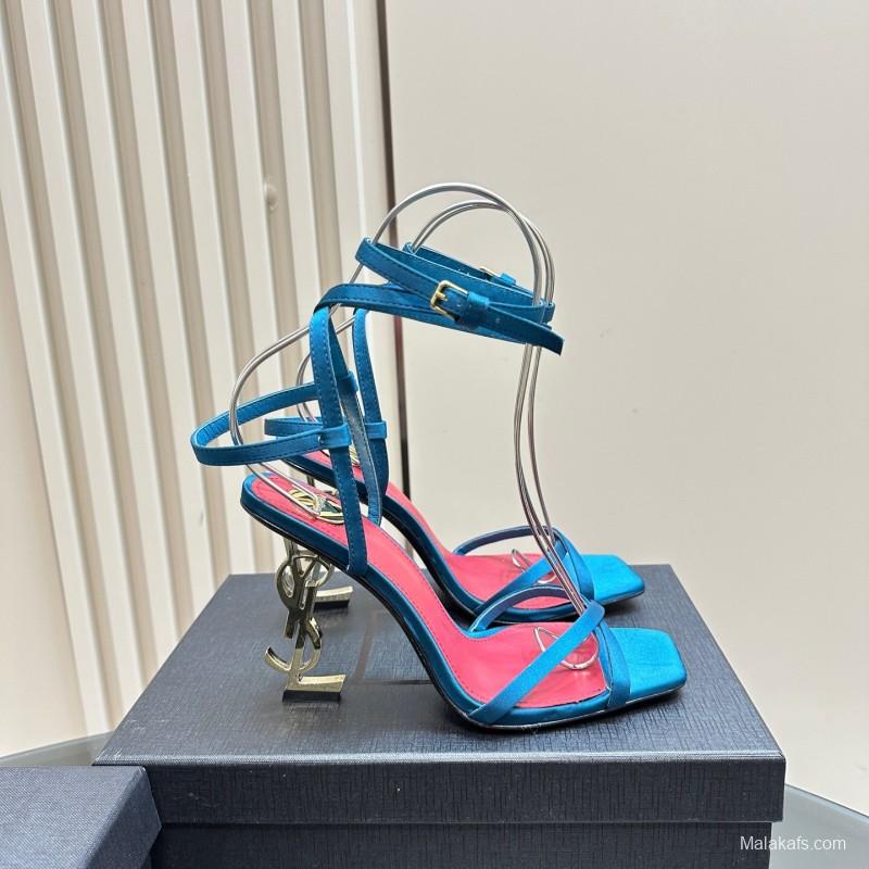 2025 Women Yves Saint Laurent Blue Silk High Heel Sandals KFY00290