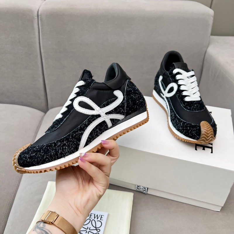 2025 Women Loewe Black White Leather Fabric Sneakers