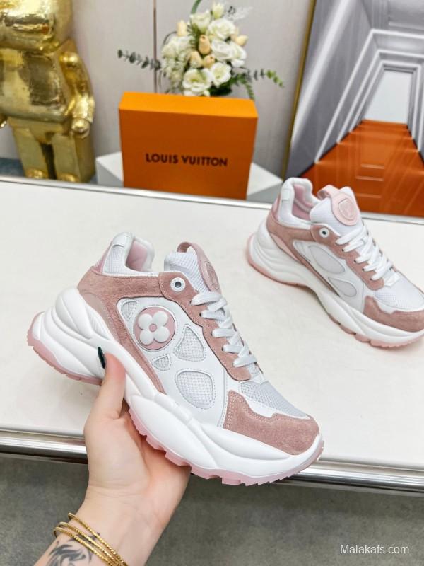 2025 Women Louis Vuitton White Pink Suede Mesh Sneakers LY00340