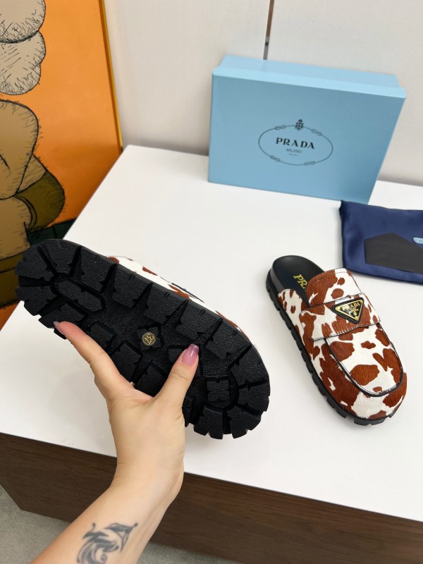 2025 Women Prada Brown White Cowhair Leather Slippers LY00270