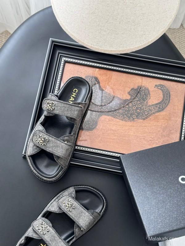 2025 Women Chanel Grey Fabric Leather Sandals Magic Tape LY00310