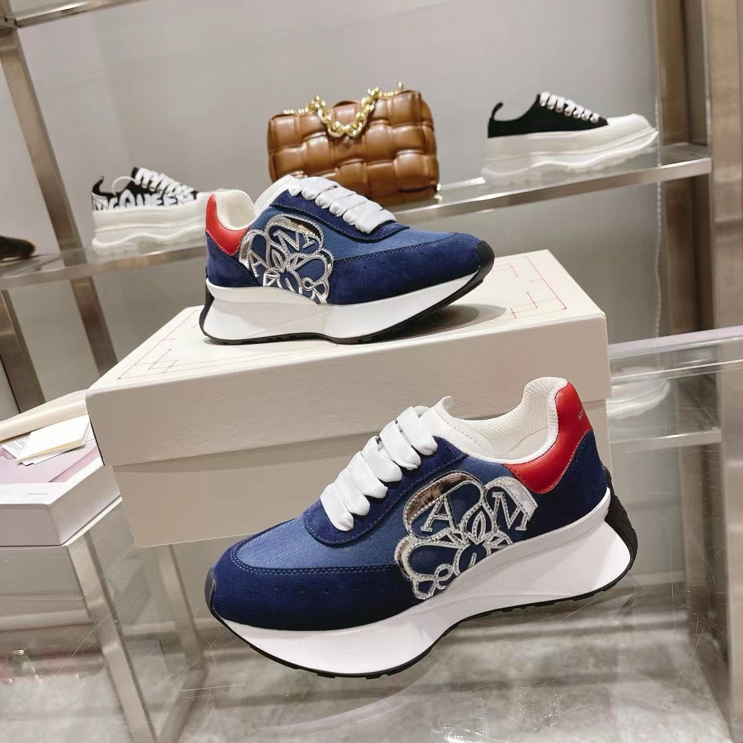 2024 Unisex Alexander McQueen Blue Red Leather Suede Mesh Sneakers MJ00370