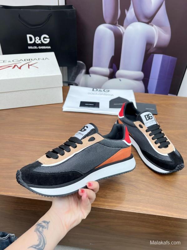 2025 Unisex Dolce & Gabbana Black Brown Red PU Leather Mesh Casual Sneakers LY00300