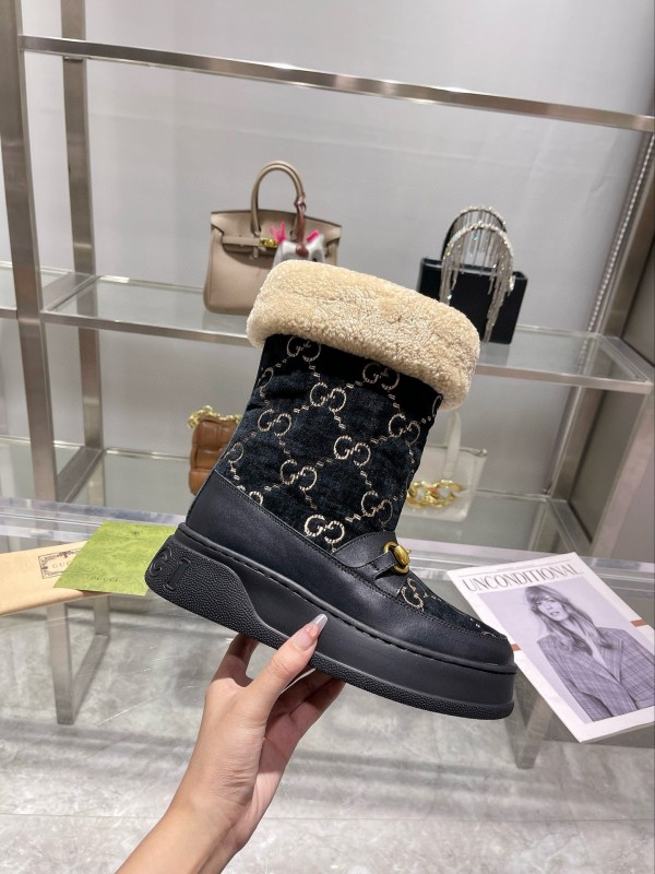2024 Women Gucci Black Shearling Leather Snow Boots MJ00420