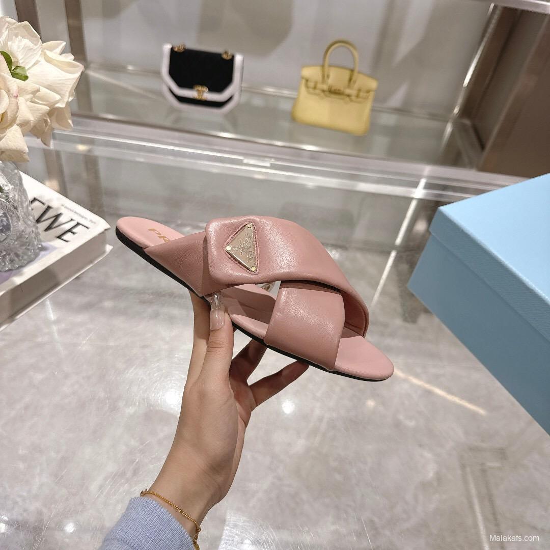 2025 Women Prada Pink Leather Slippers