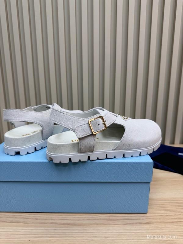 2025 Women Prada White Suede Sandals LY00280