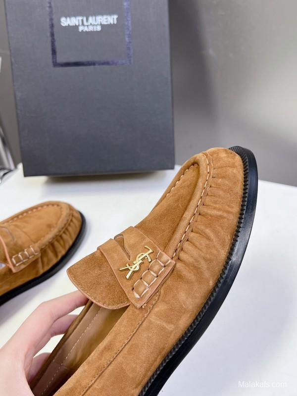2025 Women Yves Saint Laurent Brown Suede Loafers KFY00350