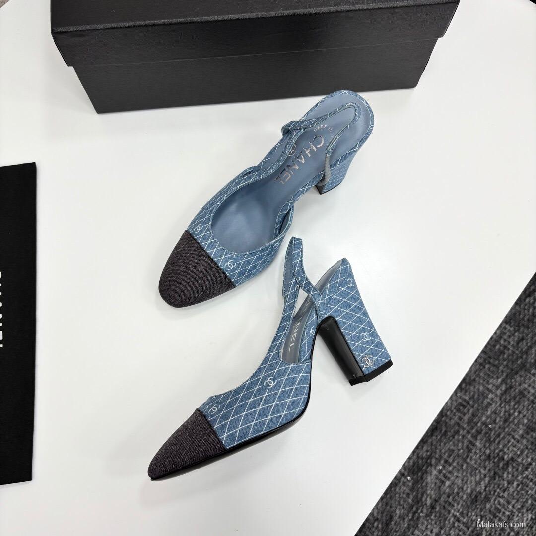 2025 Women Chanel Blue Black Denim Leather Slingback LY00270