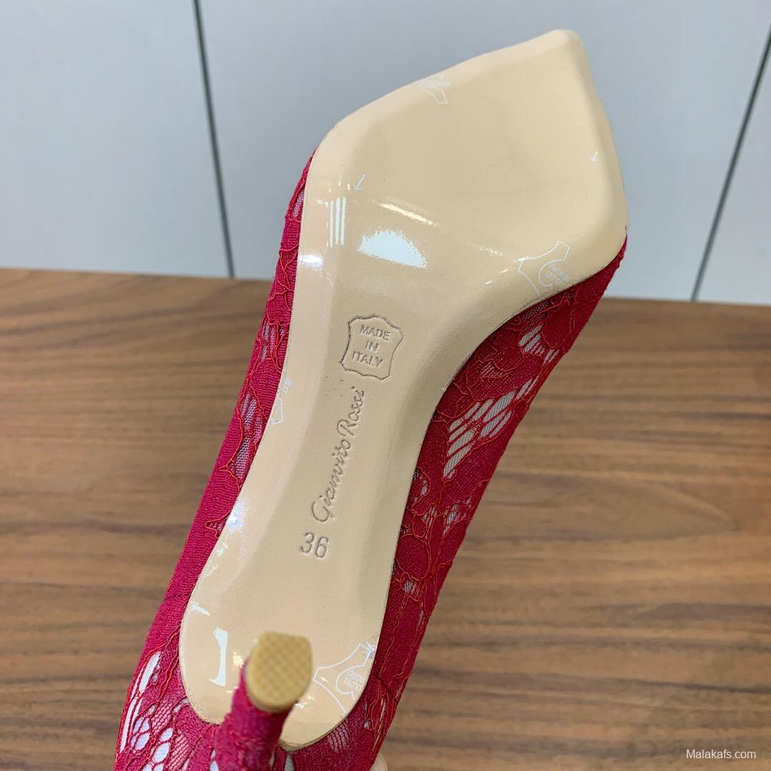 2025 Women Gianvito Rossi Red Lace Leather Pumps KFY00280