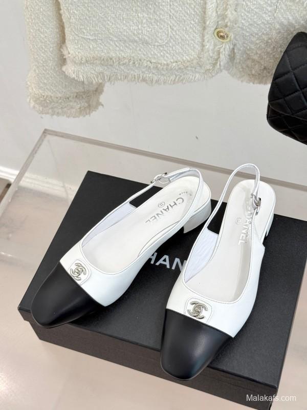 2025 Women Chanel White Black Leather Slingback Heels