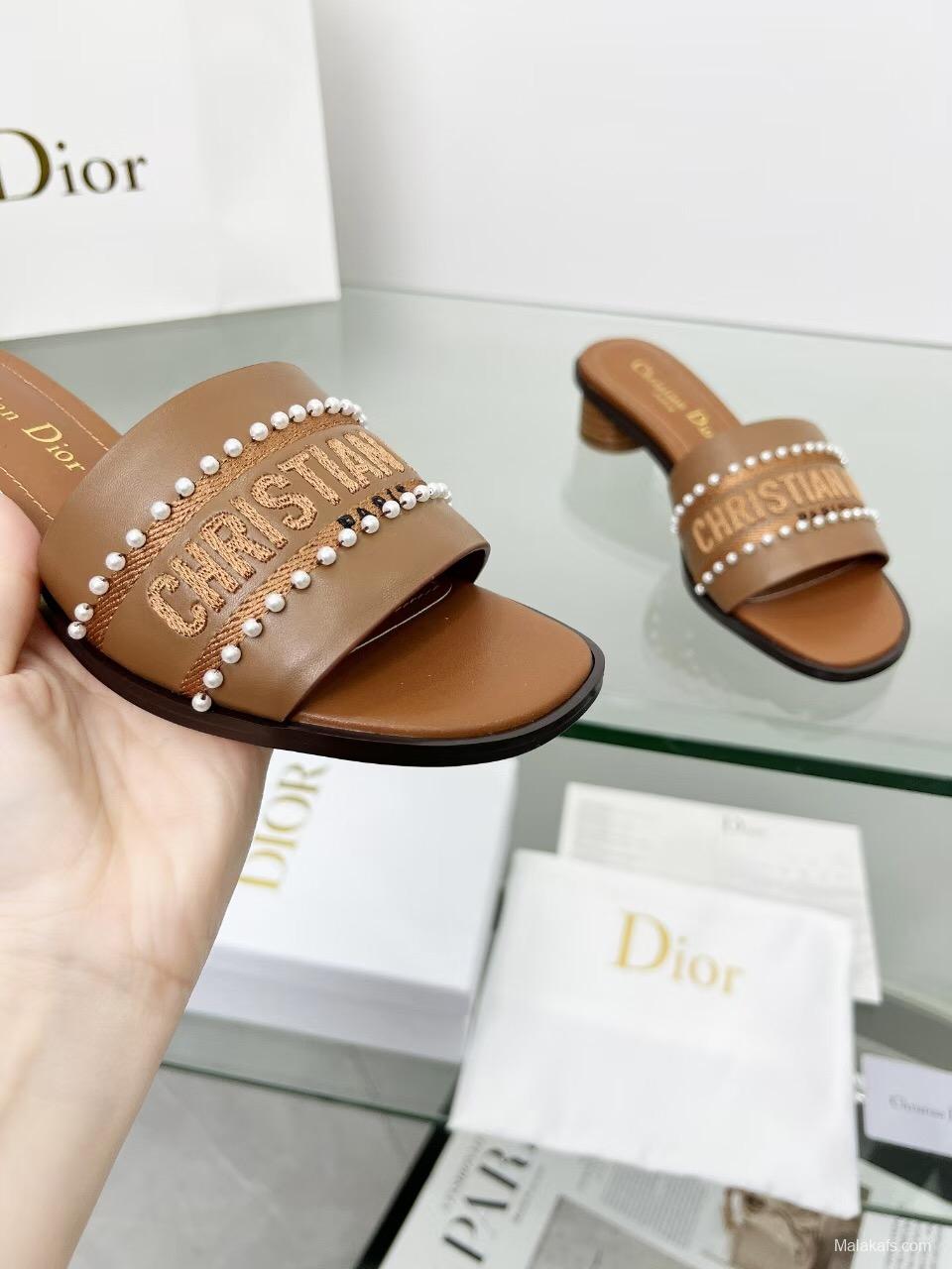 2025 Women Dior Brown Leather Mule Beaded LY00210