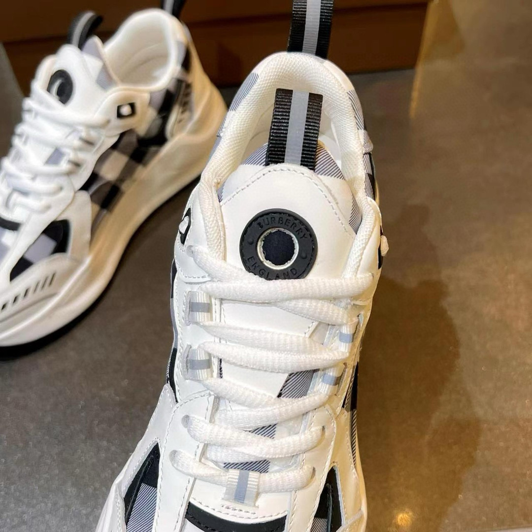2025 Unisex Burberry White Black Cotton Leather Suede Chunky Sneakers Vintage Check MJ00380(F/W)