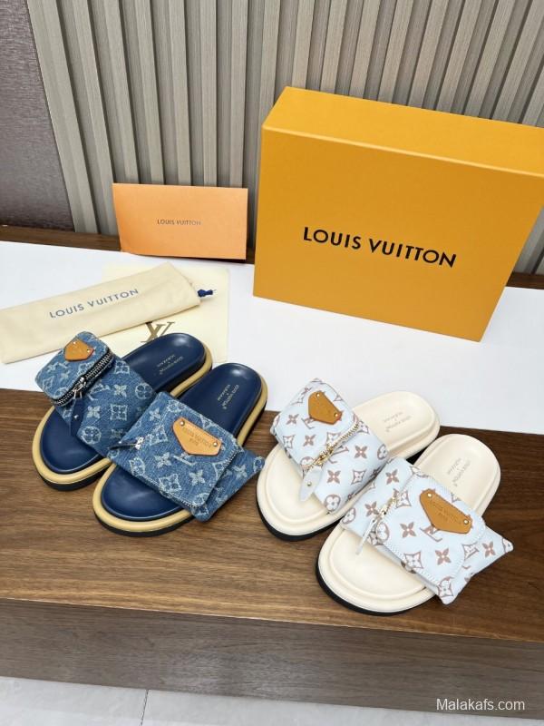 2025 LV Blue Denim Leather Slippers