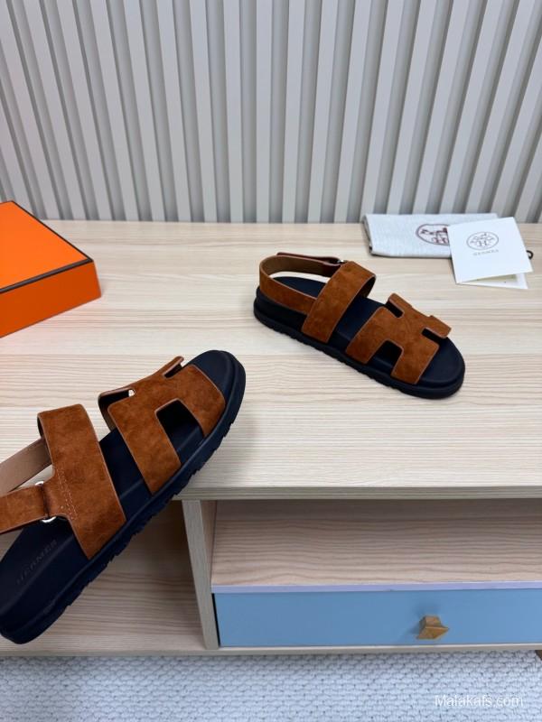 2025 Women Hermès Brown Suede Leather Sandals