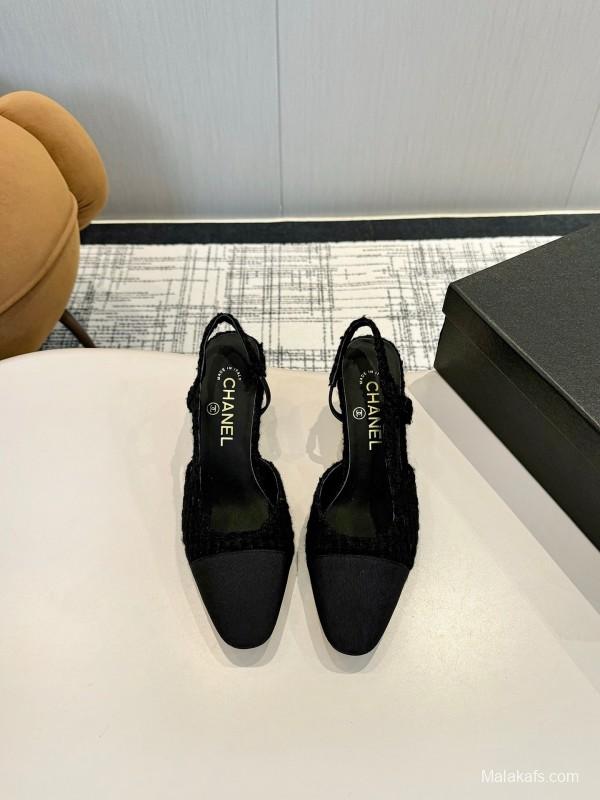 2025 Women Chanel Black Fabric Leather Slingback Heels LY00240