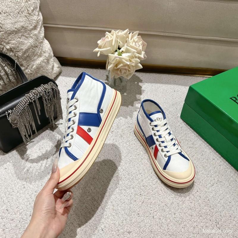 2025 Unisex Bottega Veneta White Blue Red Canvas Lambskin Sneakers Hand Painted LY00