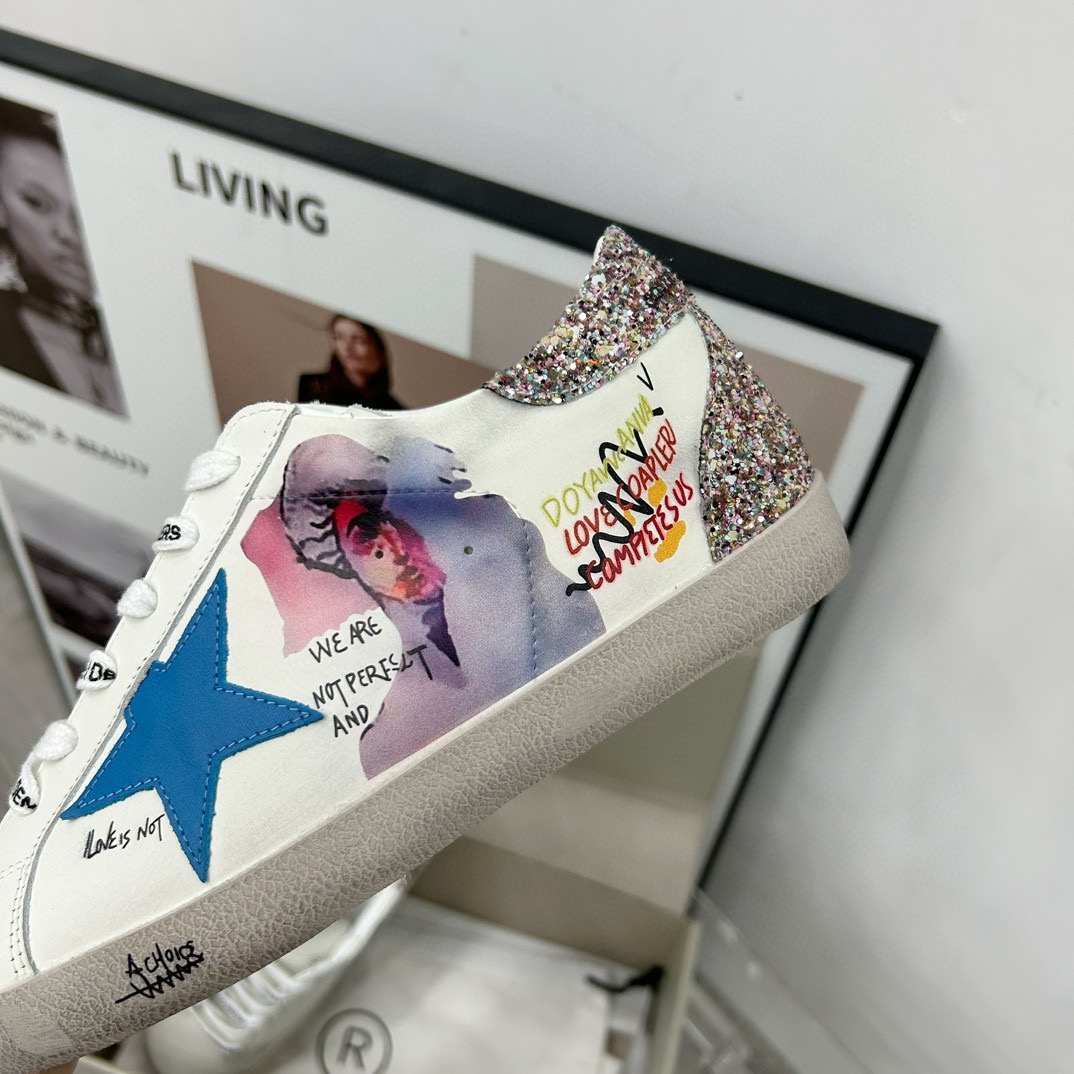 2025 Women GGDB White Blue Leather Sneakers
