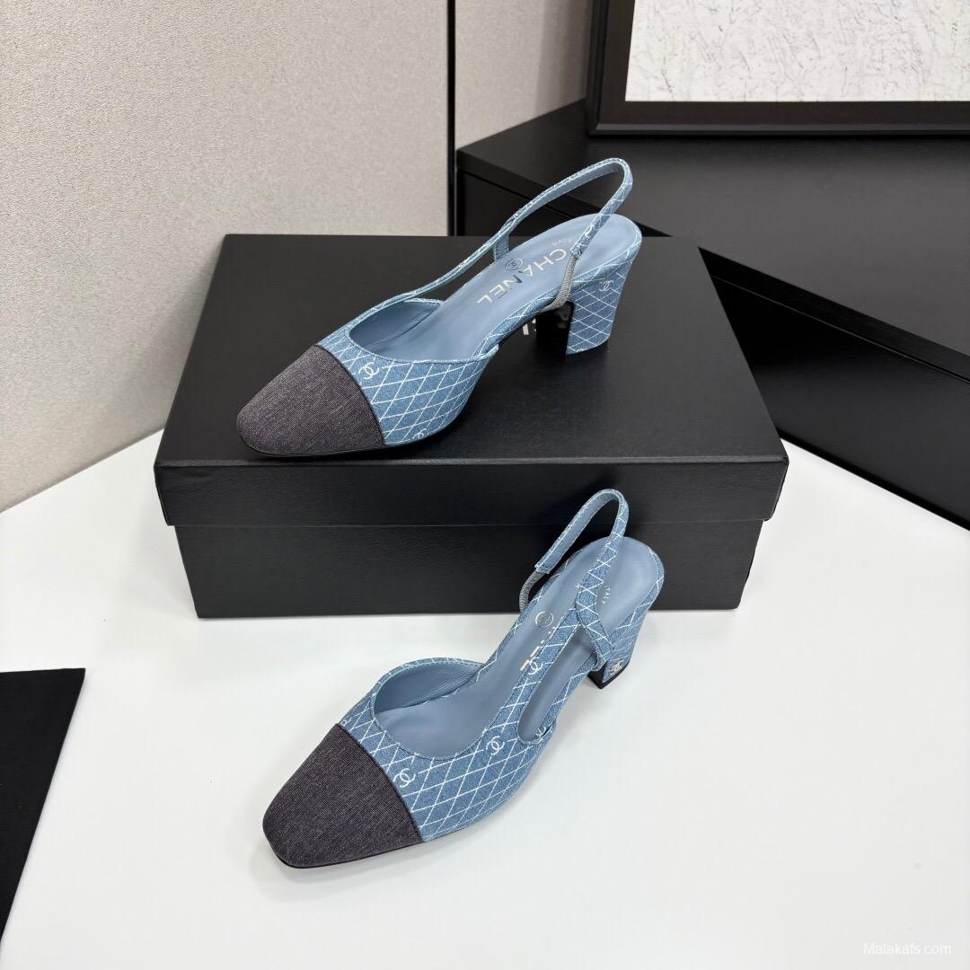 2025 Women Chanel Blue Grey Denim Leather Slingback Shoes