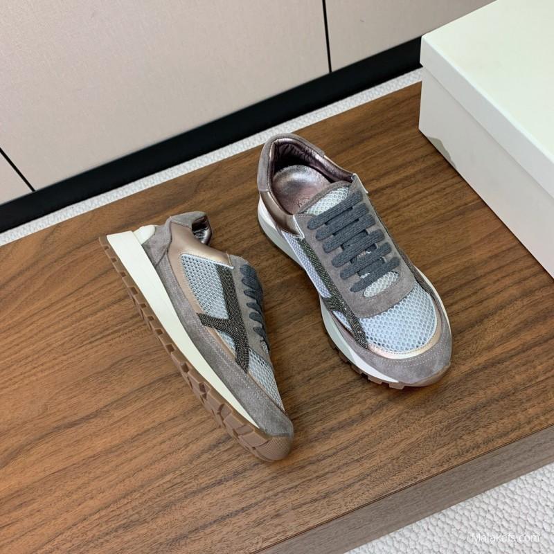 2025 Unisex Brunello Cucinelli Grey Silver Suede Mesh Sneakers