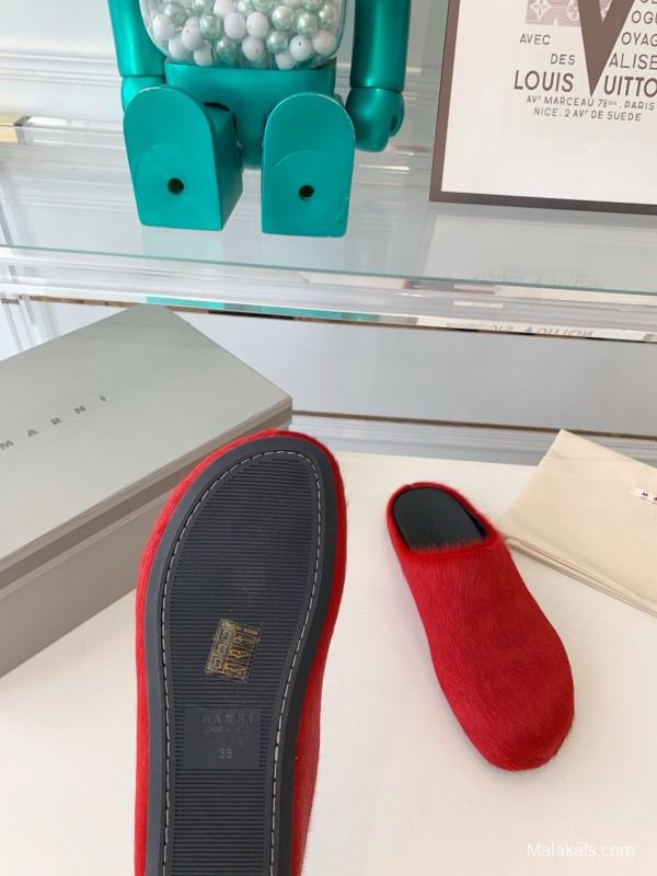 2024 Women Marni Red Pony Hair Mule