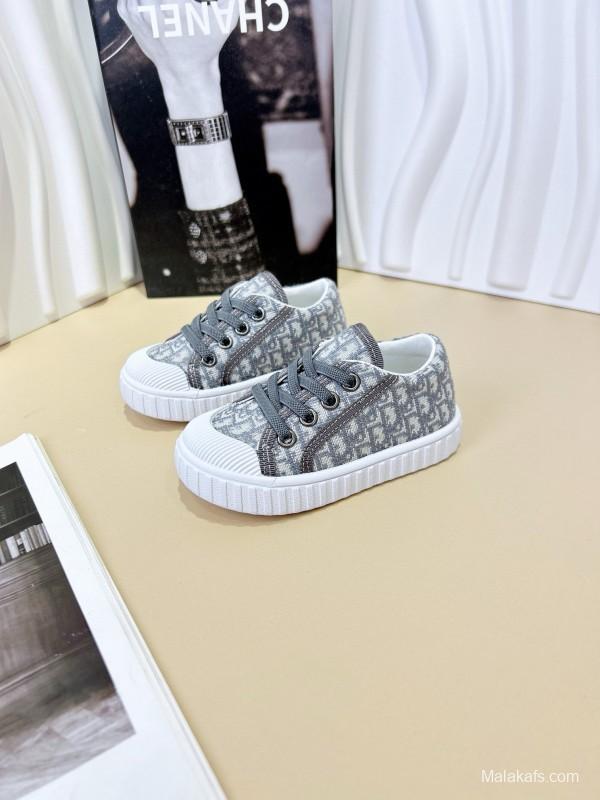 2024 Kids CHANEL Gray Beige Black Canvas Sneakers