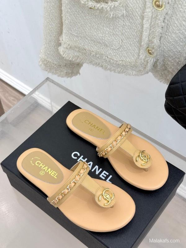 2025 Women Chanel Beige Lambskin Chain Toe Post Sandals KFY00250