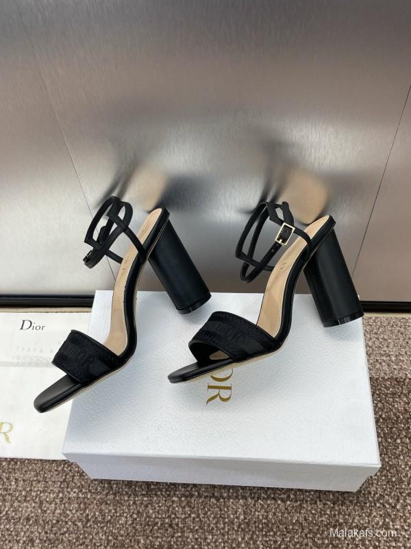 2025 Women Dior Black Leather High Heel Sandals