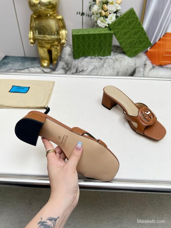 2025 Gucci Brown Leather Slippers MJ00190