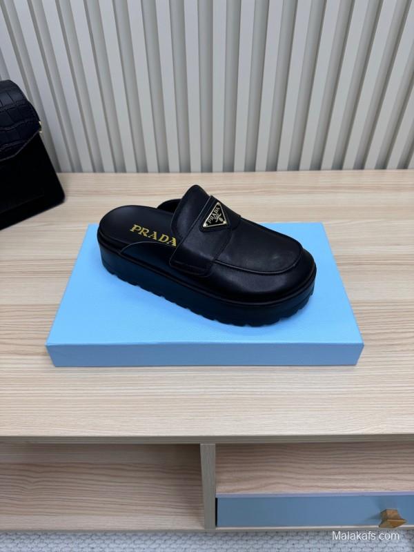 2025 Women Prada Black Leather Platform Loafers
