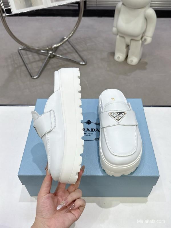 2025 Women Prada White Leather Slip-On Loafers