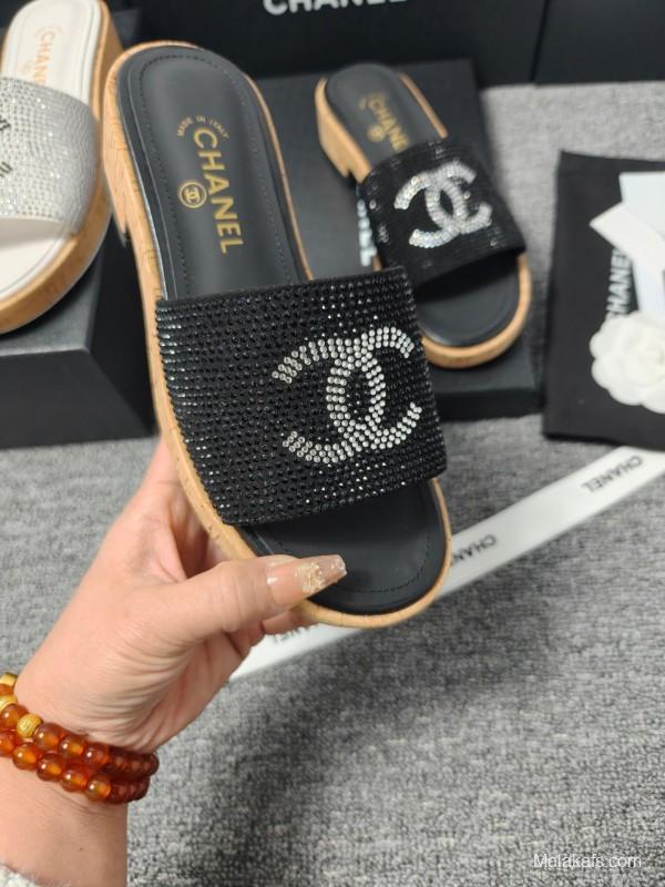 2025 Slippers Chanel Black Crystal Women