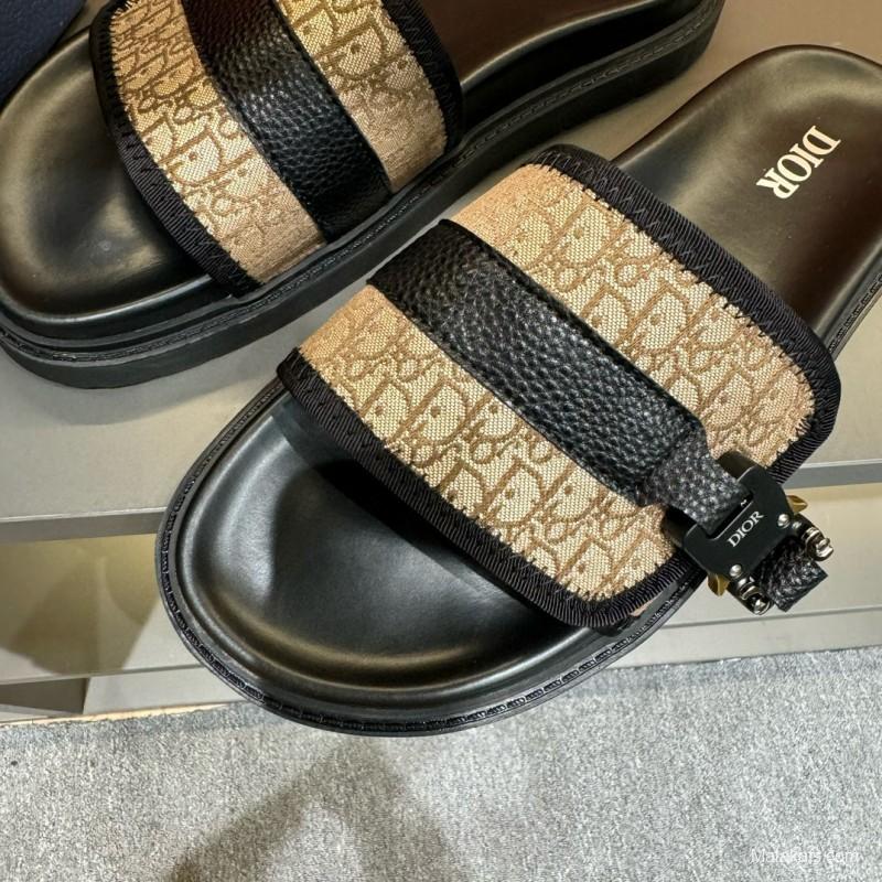 2024 Slippers Dior Beige Black Leather Canvas Slippers