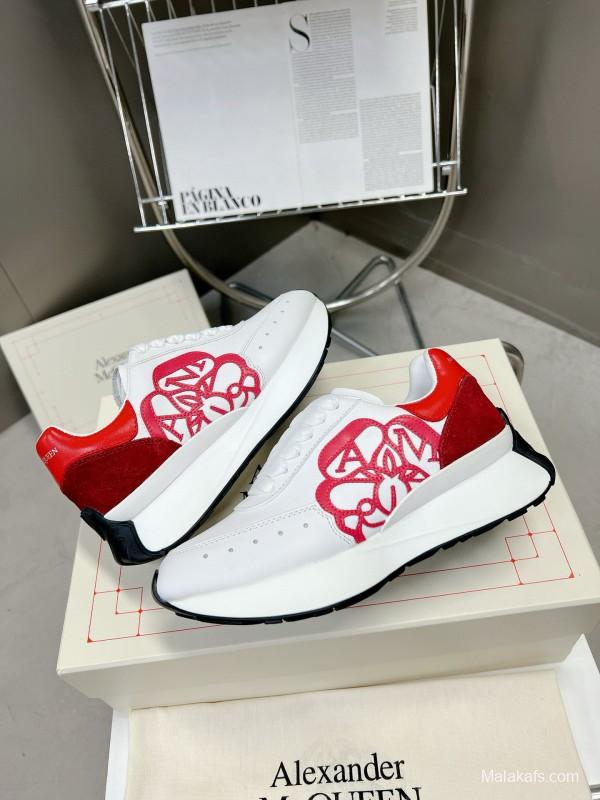 2024 Unisex Alexander McQueen White Red Leather Suede Sneakers MJ00370