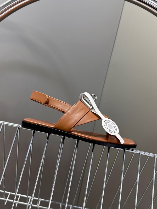 2025 Women Hermès Brown White Calfskin Leather Sandals Metal Hardware KFY00300