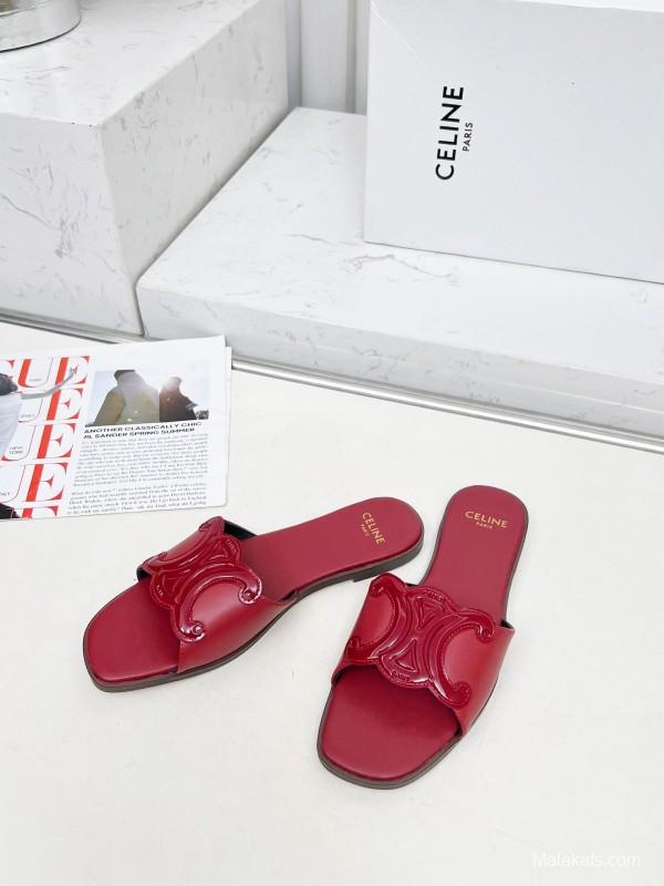 2025 Women CELINE Red Leather Slippers