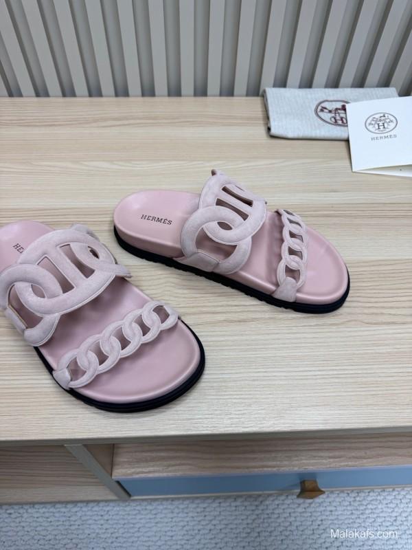 2025 Slippers Hermès Pink Suede Slippers