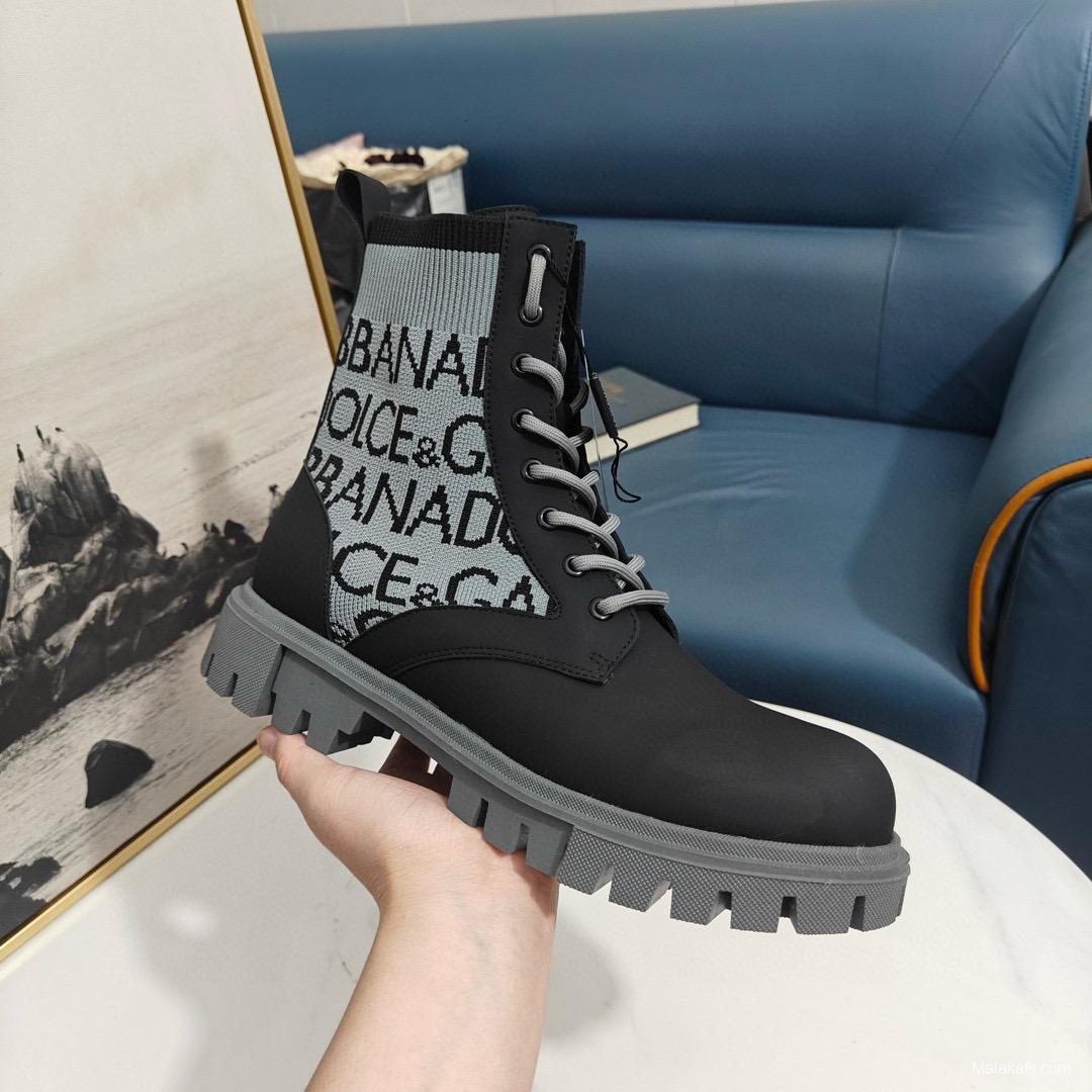 2024 Unisex Dolce & Gabbana Black Light Grey Fabric Leather Boots