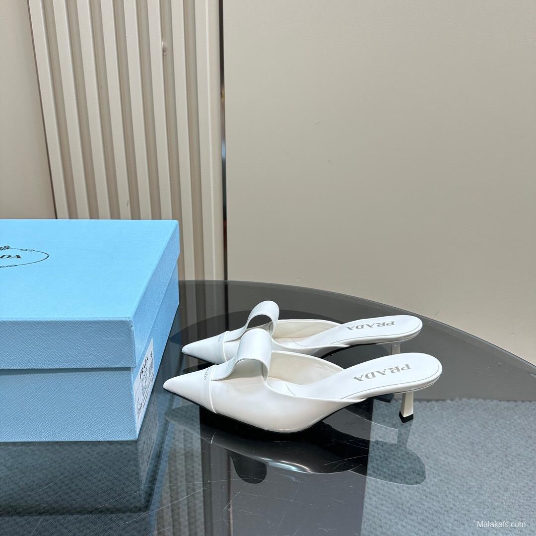 2025 Women Prada White Leather High Heel Mules