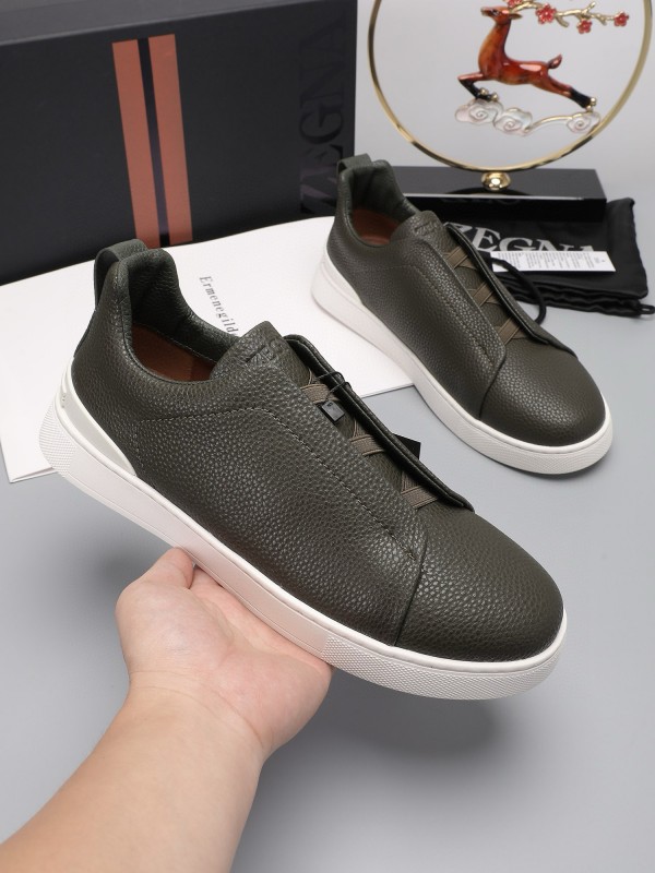 2024 Men Ermenegildo Zegna Dark Green Leather Sneakers MJ00240