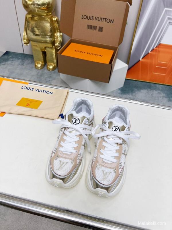 2025 Women Louis Vuitton White Beige Mesh Leather Sneakers LY00340