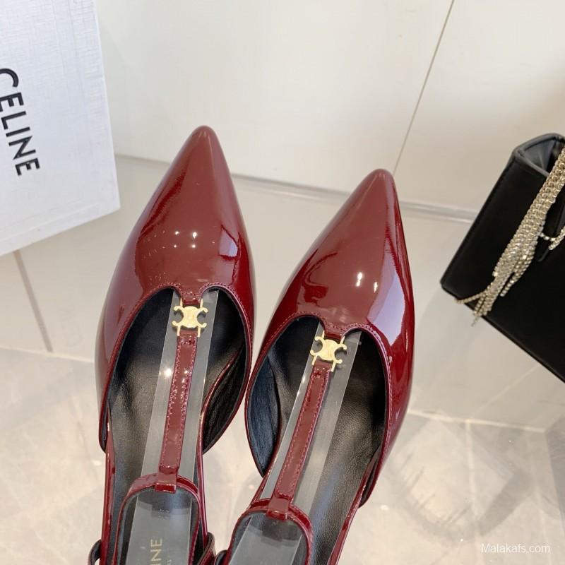 2025 Women Celine Red Patent Leather T-Strap Low Heel