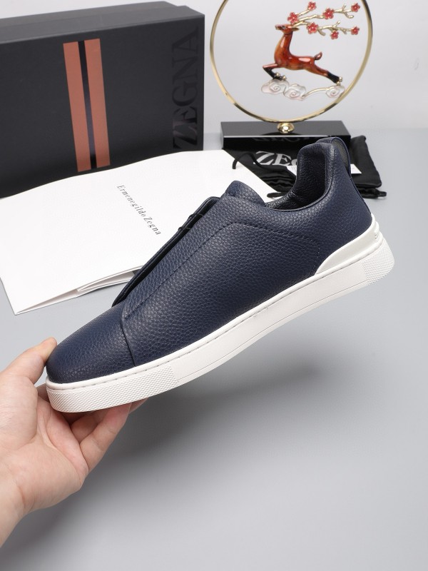 2024 Men Ermenegildo Zegna Navy Leather Low Top Sneakers MJ00240